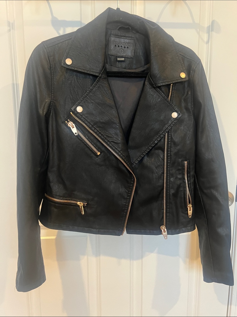 Blank NYC Black Faux Leather Moto Jacket with Gold Hardware S